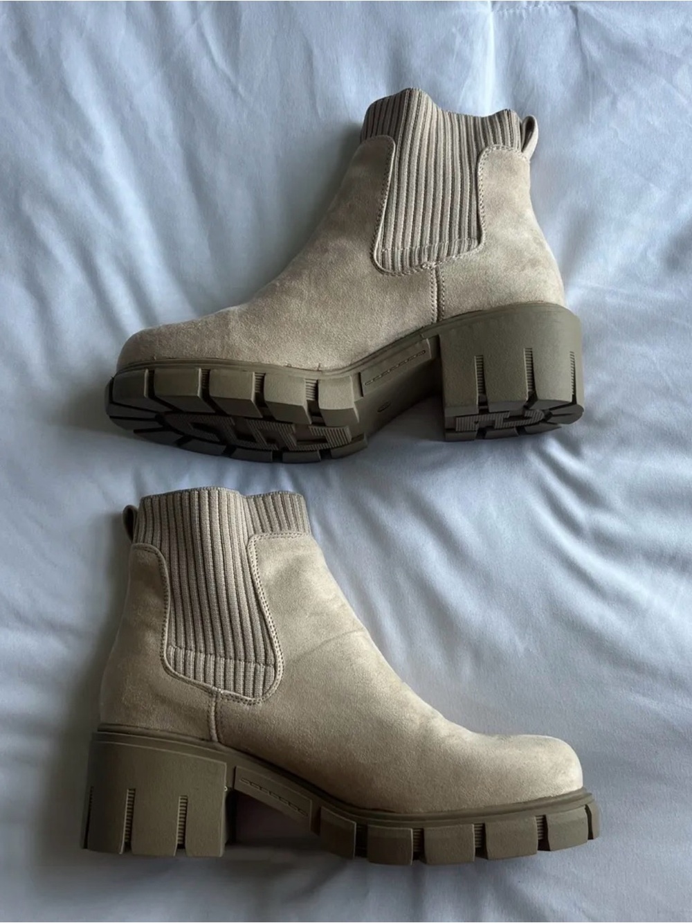 Amazon Beige Suede-Look Chelsea Lug Ankle Boots